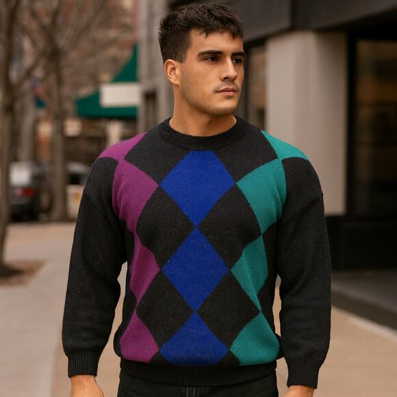 Vintage Preswick & Moore shetland wool argyle knit crewneck sweater L - Picture 1 of 5